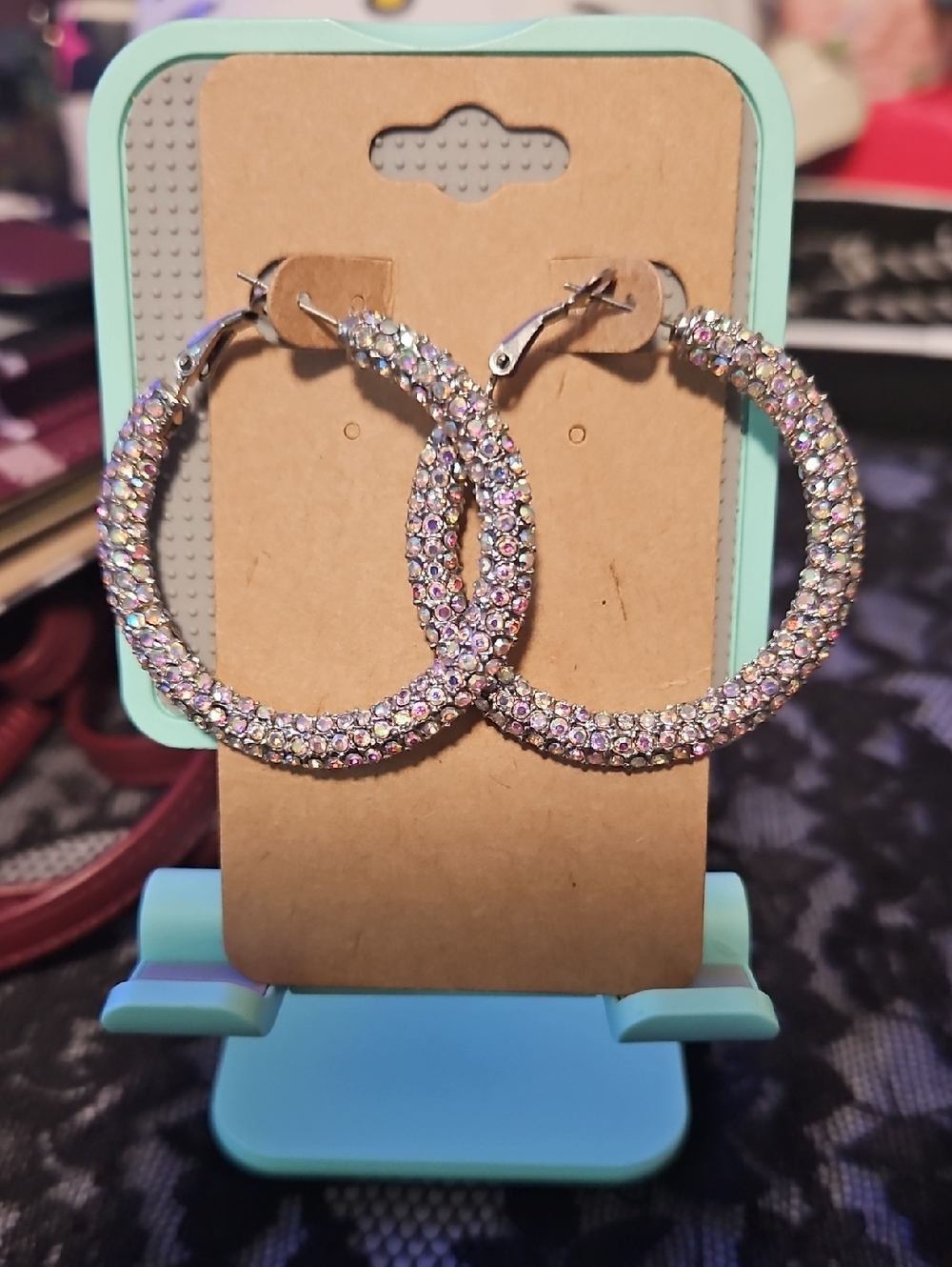 Iridescent Crystal Hoop Earrings in Pink - Sparkle Finish